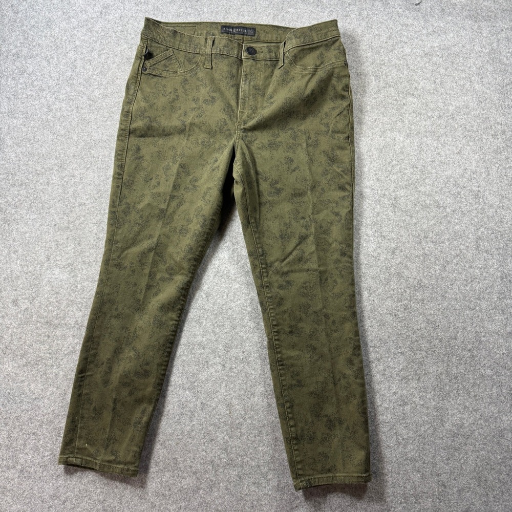 Rock & Republic Womens Kashmiere Crop Pants 14 Olive Green Floral Stretch Denim